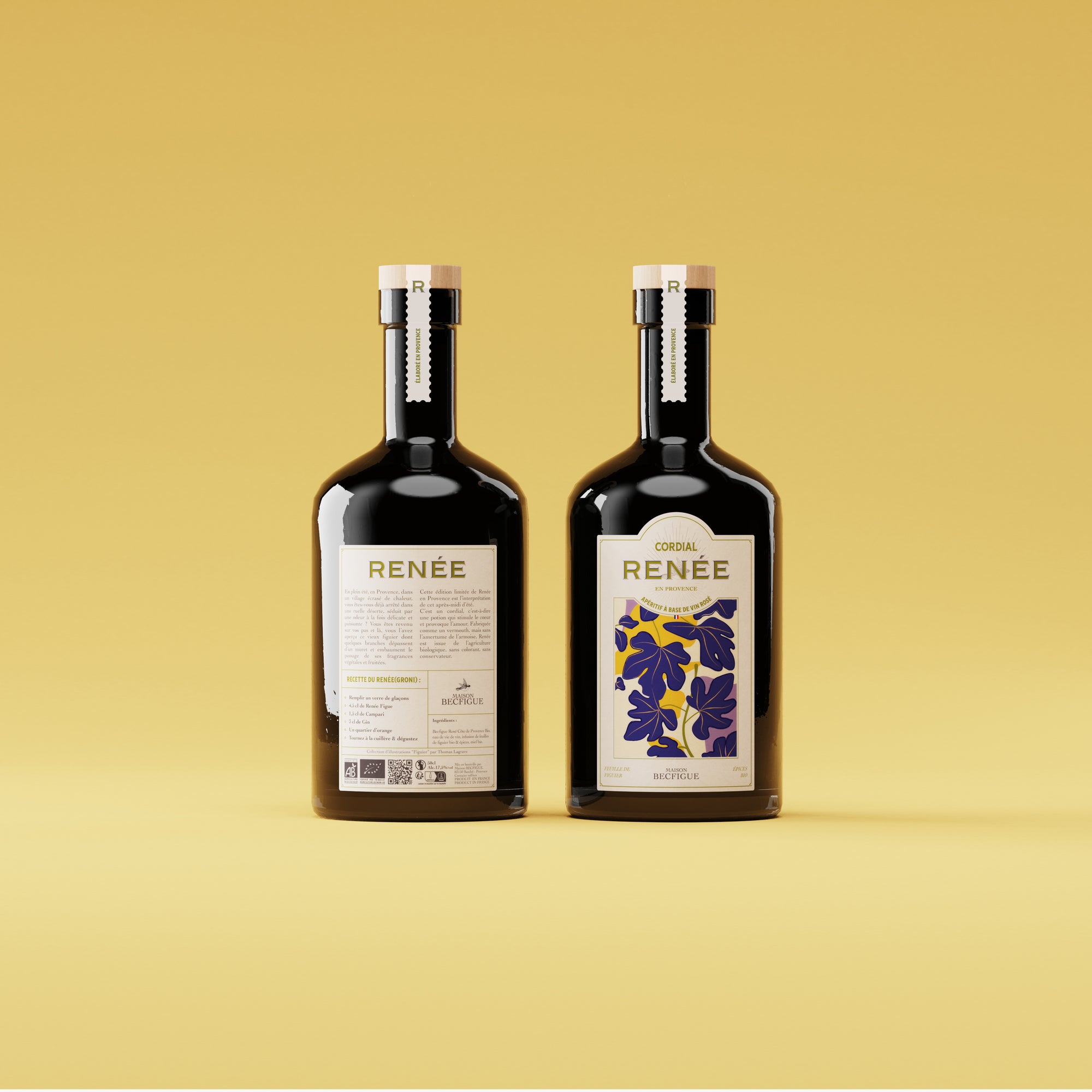 Bouteille spiritueux Renée Figue - illustration jaune